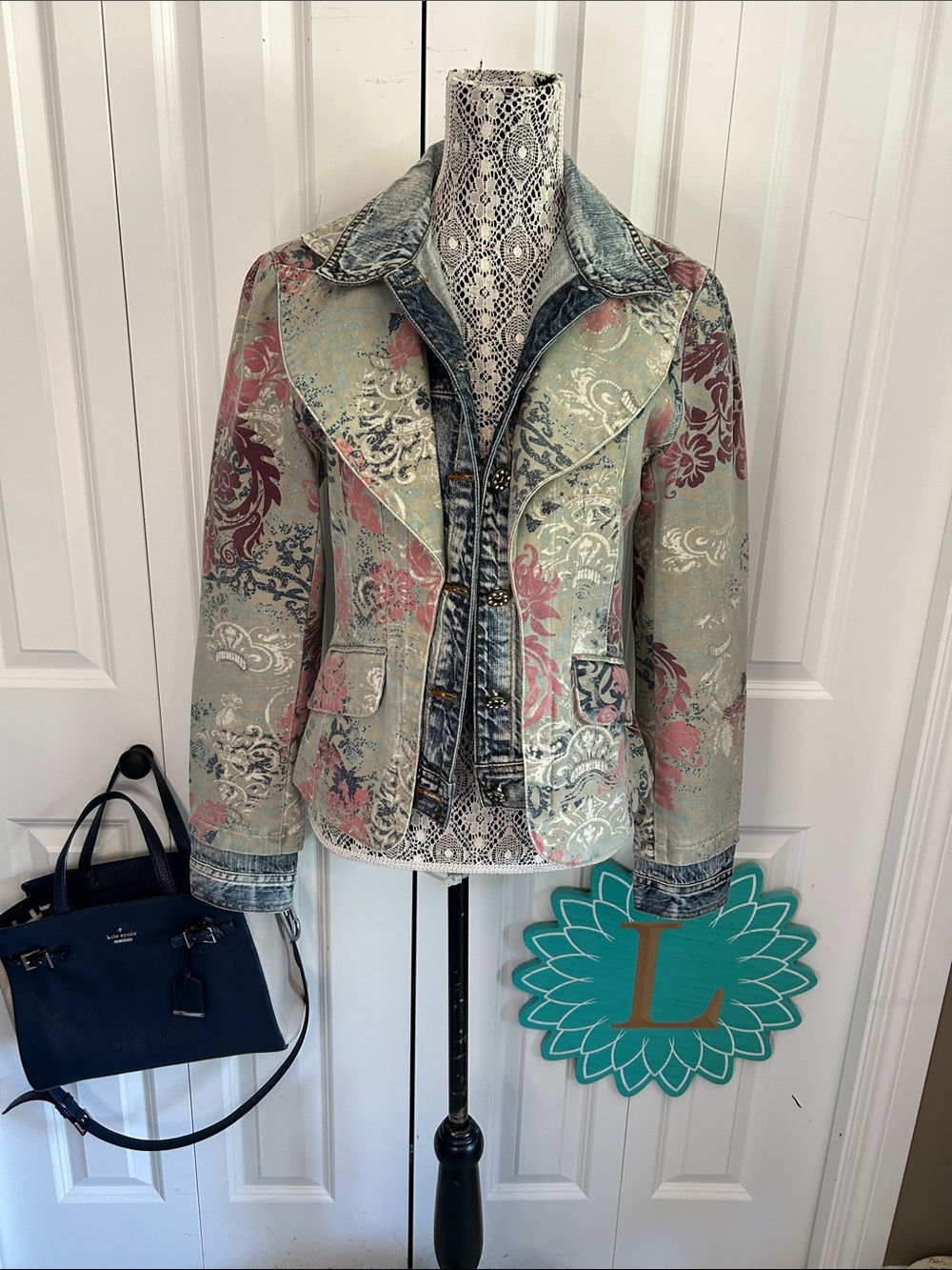 Women's Floral Brocade Denim-Trim Jacket in Sage and Pink